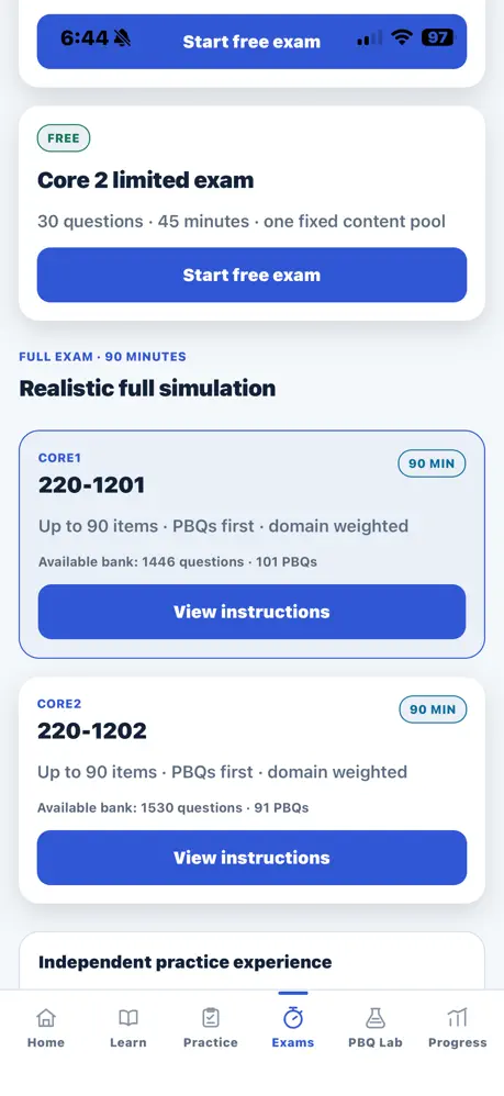 Core 1 and Core 2 exam simulation selection screen