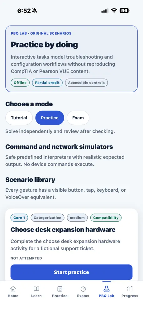 PBQ Lab screen showing interactive practice modes and scenarios