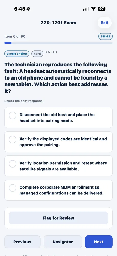 A realistic CompTIA A+ practice question in the app