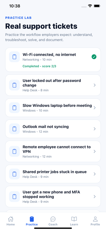IT Support Coach practice lab showing realistic support tickets