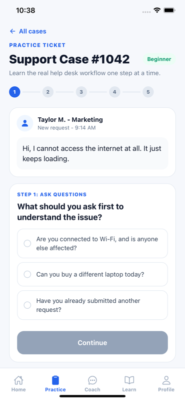 Interactive support case asking a diagnostic question