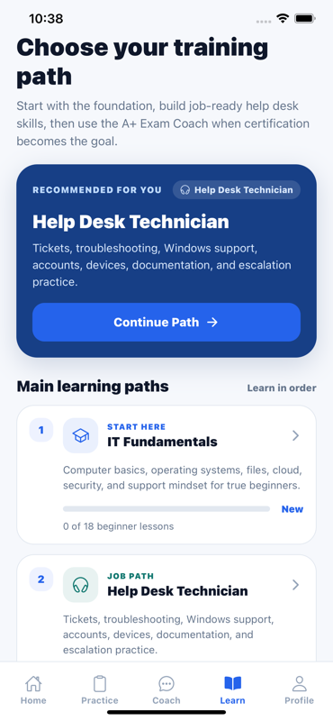 IT Support Coach training paths including IT Fundamentals and Help Desk Technician
